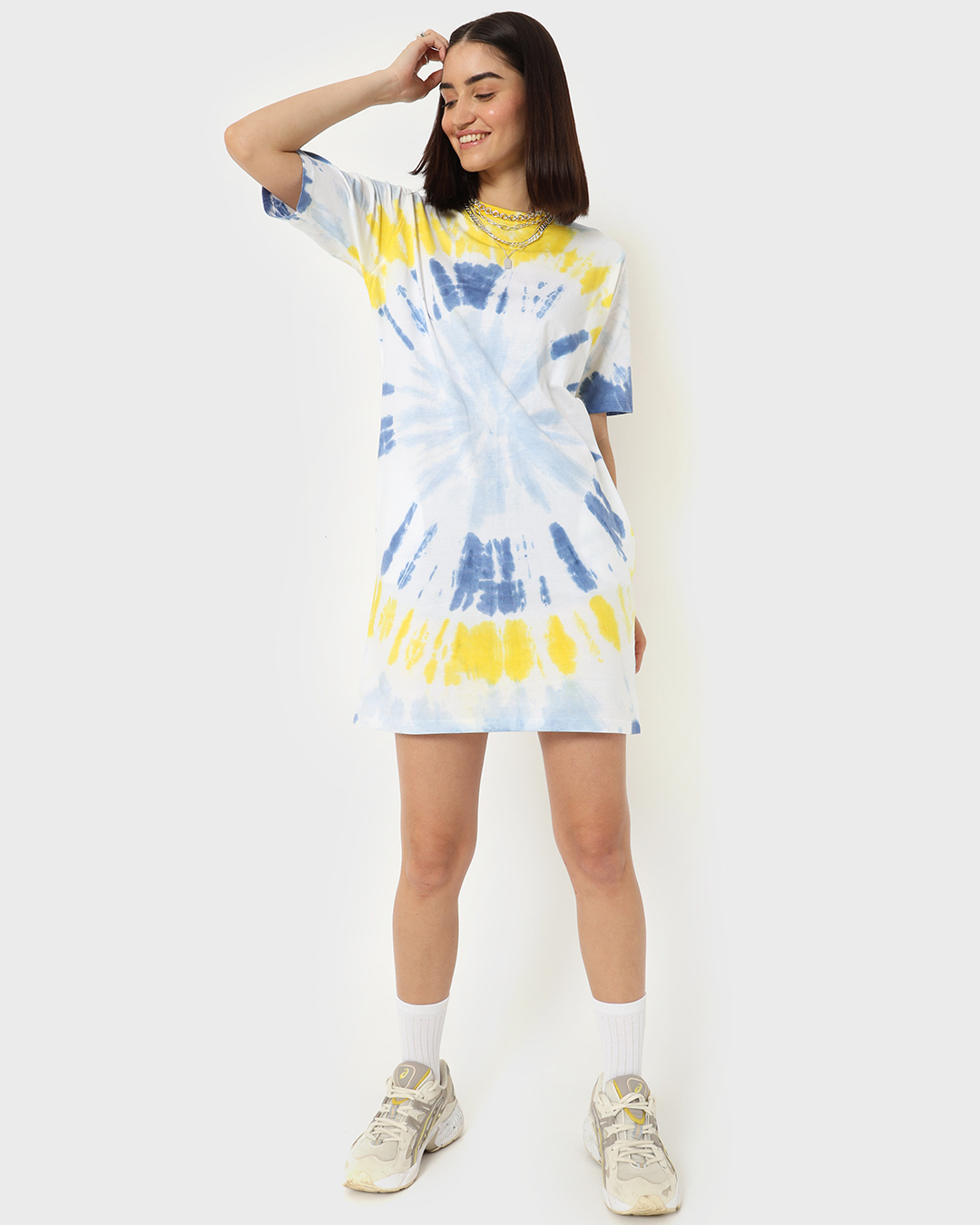 Shop Women's Yellow And Blue Tie N Dye Oversized Dress-Back