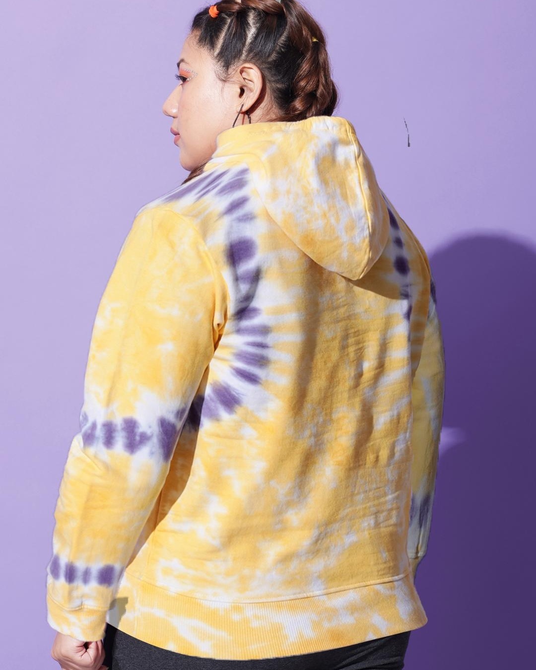 Shop Women's Yellow and Purple Tie & Dye Plus Size Hooded Sweatshirt-Back