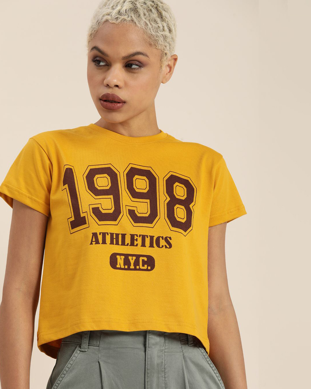 Buy Women's Yellow Athletics NYC Typography Crop Tshirt for Women