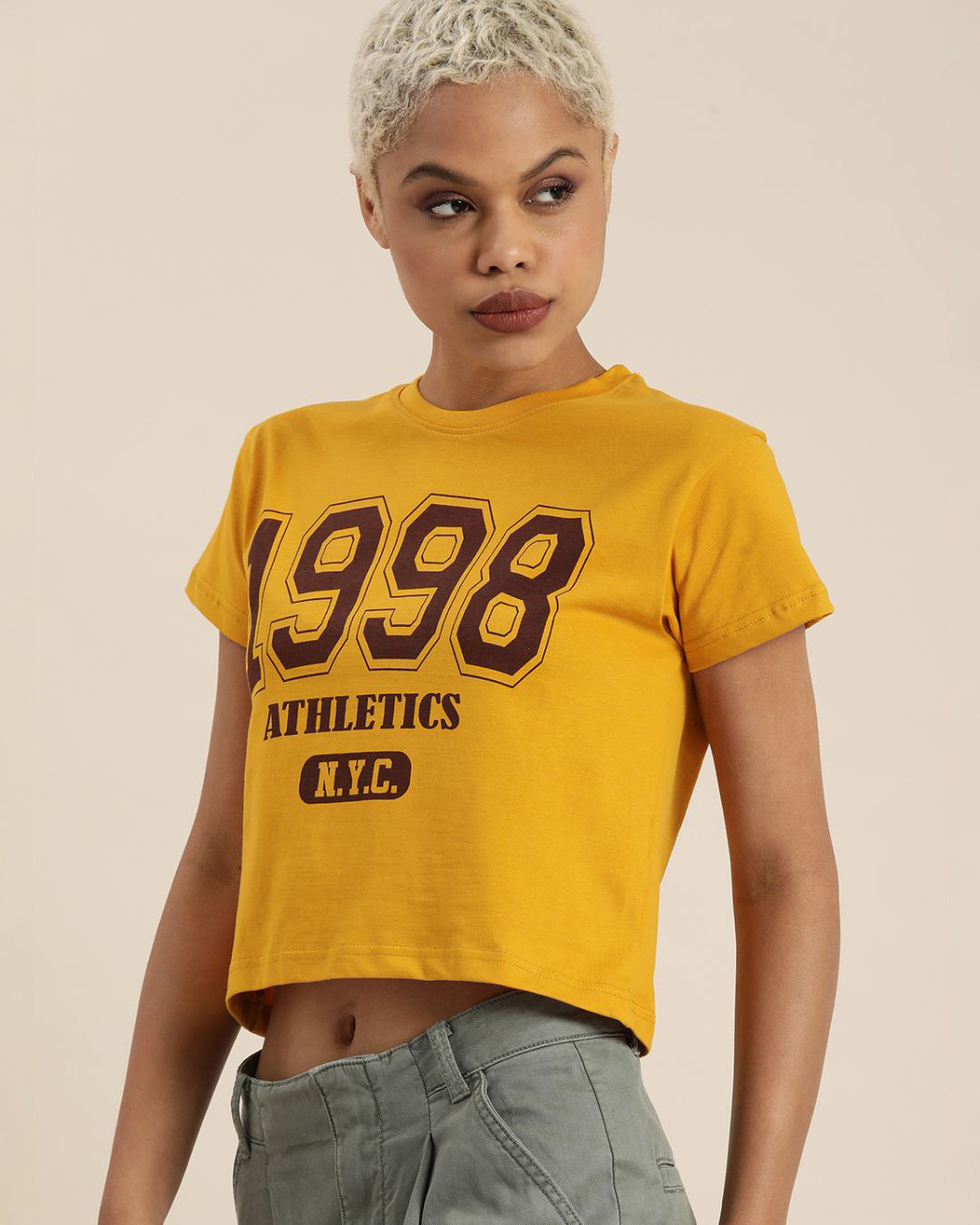 Shop Women's Yellow Athletics NYC Typography Crop T-shirt-Back