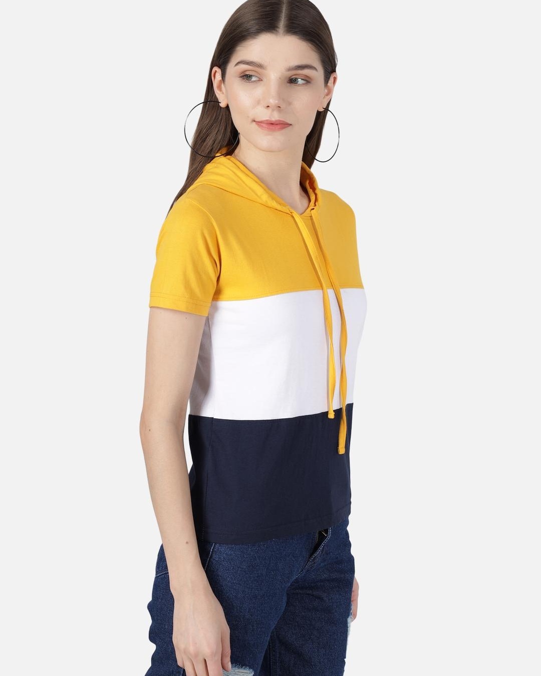 Shop Women's Yellow & Blue Color Block Hoodie T-shirt-Back