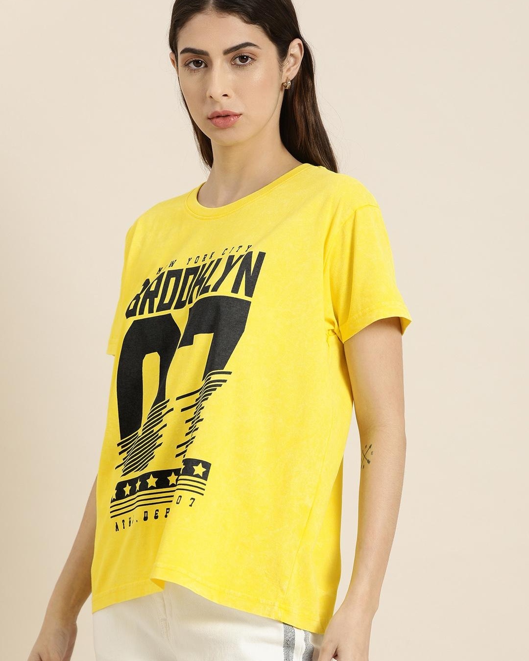 Shop Women's Yellow Brooklyn Typography Relaxed Fit T-shirt-Back