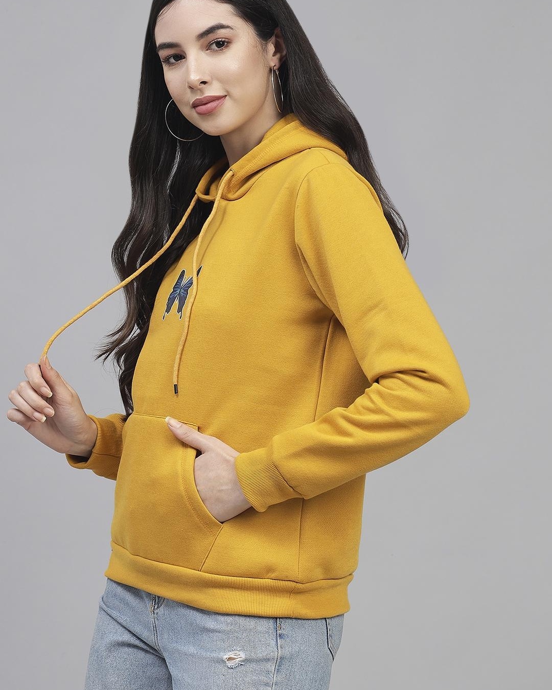 Shop Women's Yellow Butterfly Printed Hooded Sweatshirt-Back