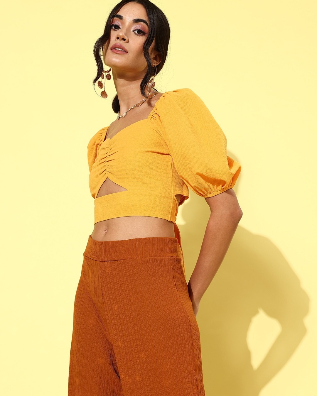 Shop Women's Yellow Cut Out Slim Fit Crop Top-Back