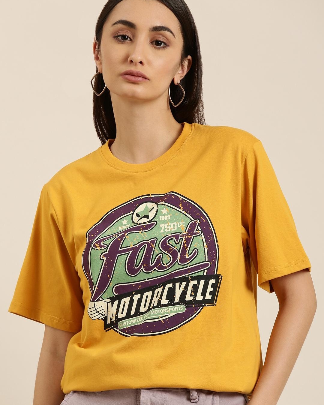 Buy Women's Yellow Fast Graphic Printed Oversized Tshirt Online at