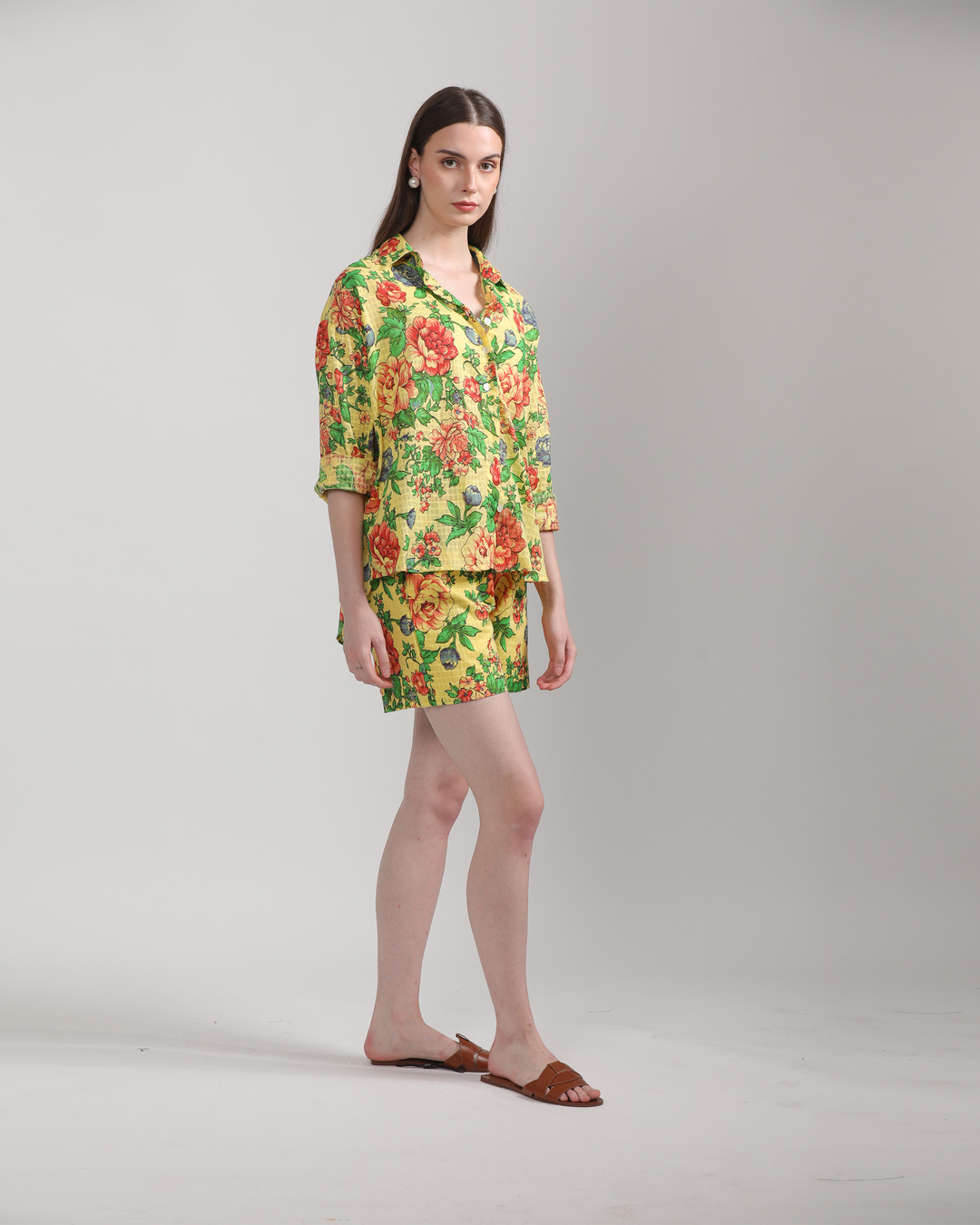 Shop Women's Yellow Floral Printed Oversized Co-ordinates-Back