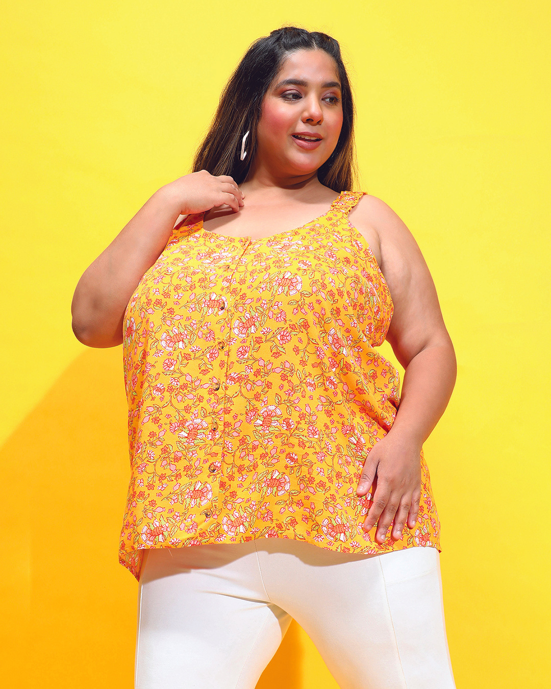 Shop Women's Yellow Floral Printed Plus Size Top-Back