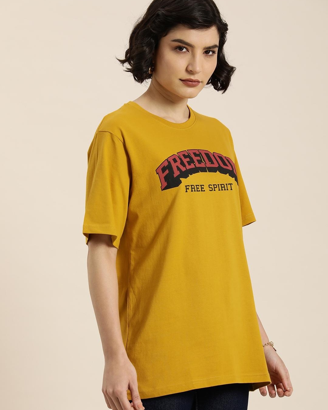 Shop Women's Yellow Freedom Typography Oversized T-shirt-Back