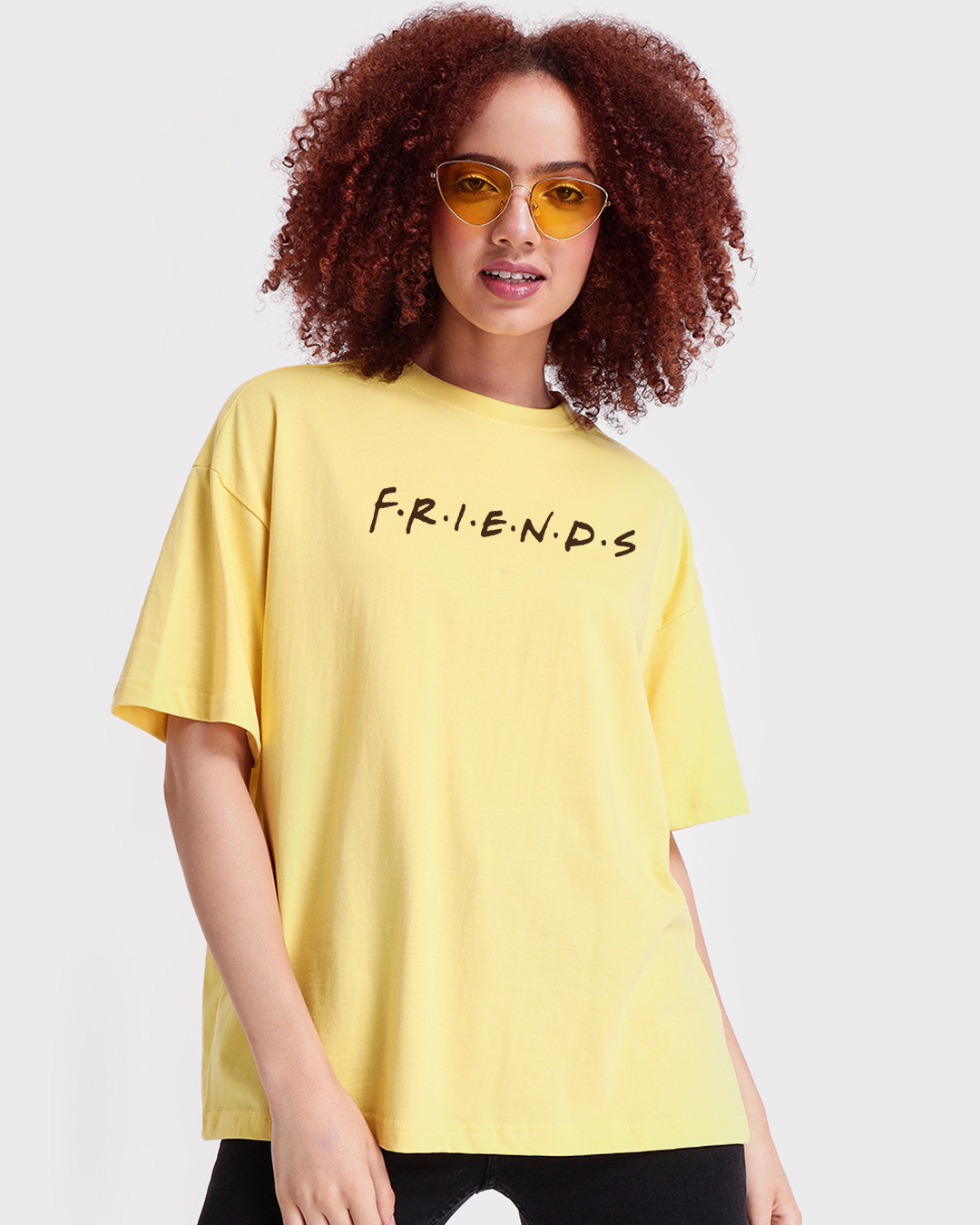 Shop Women's Yellow Friends Doodle Graphic Printed Oversized T-shirt-Back