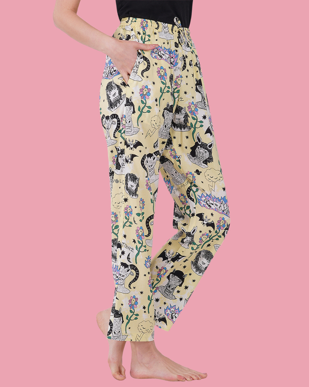 Shop Women's Yellow Funky Monster All Over Printed Pyjamas-Back