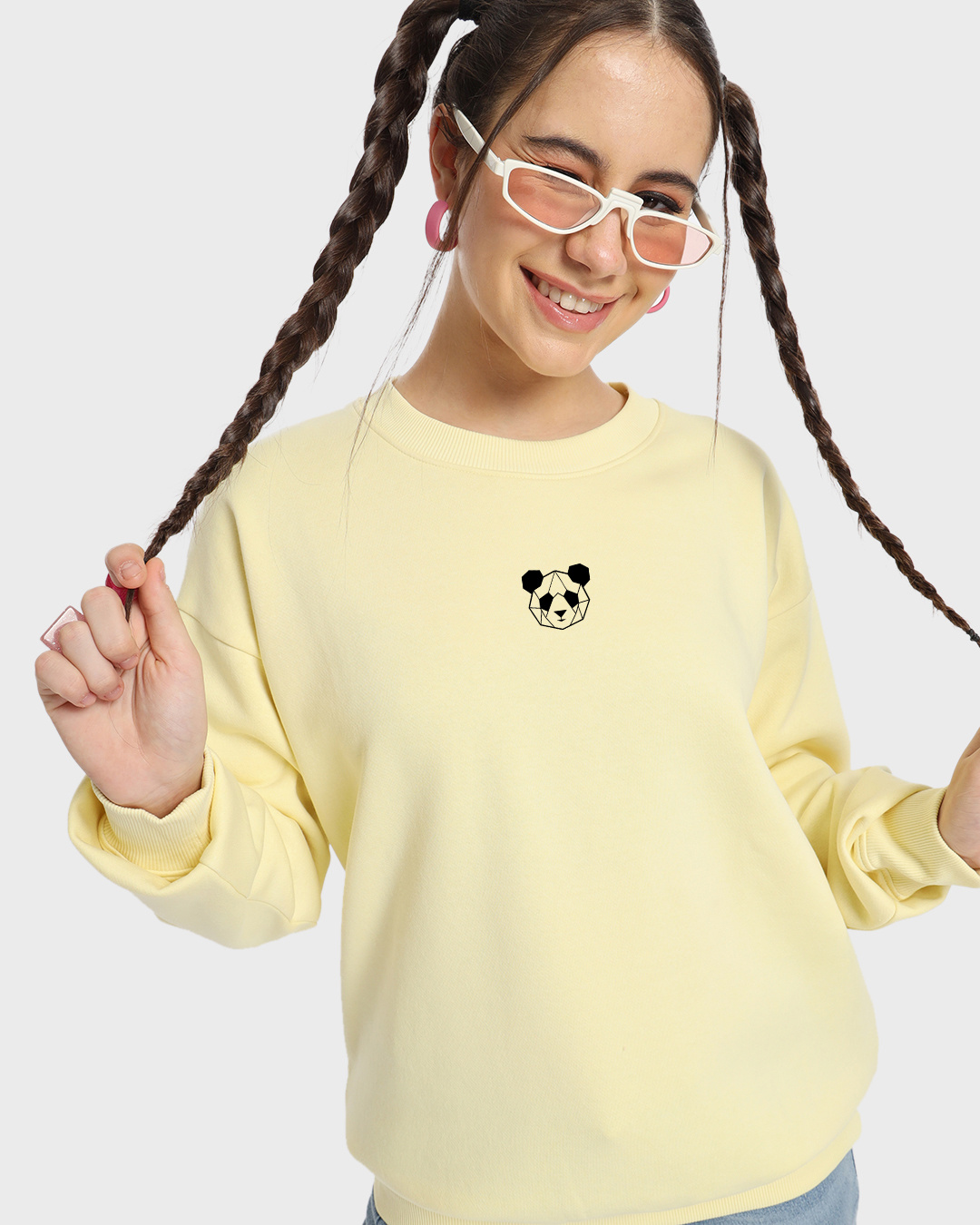 Shop Women's Yellow Geo Panda Graphic Printed Oversized Sweatshirt-Back