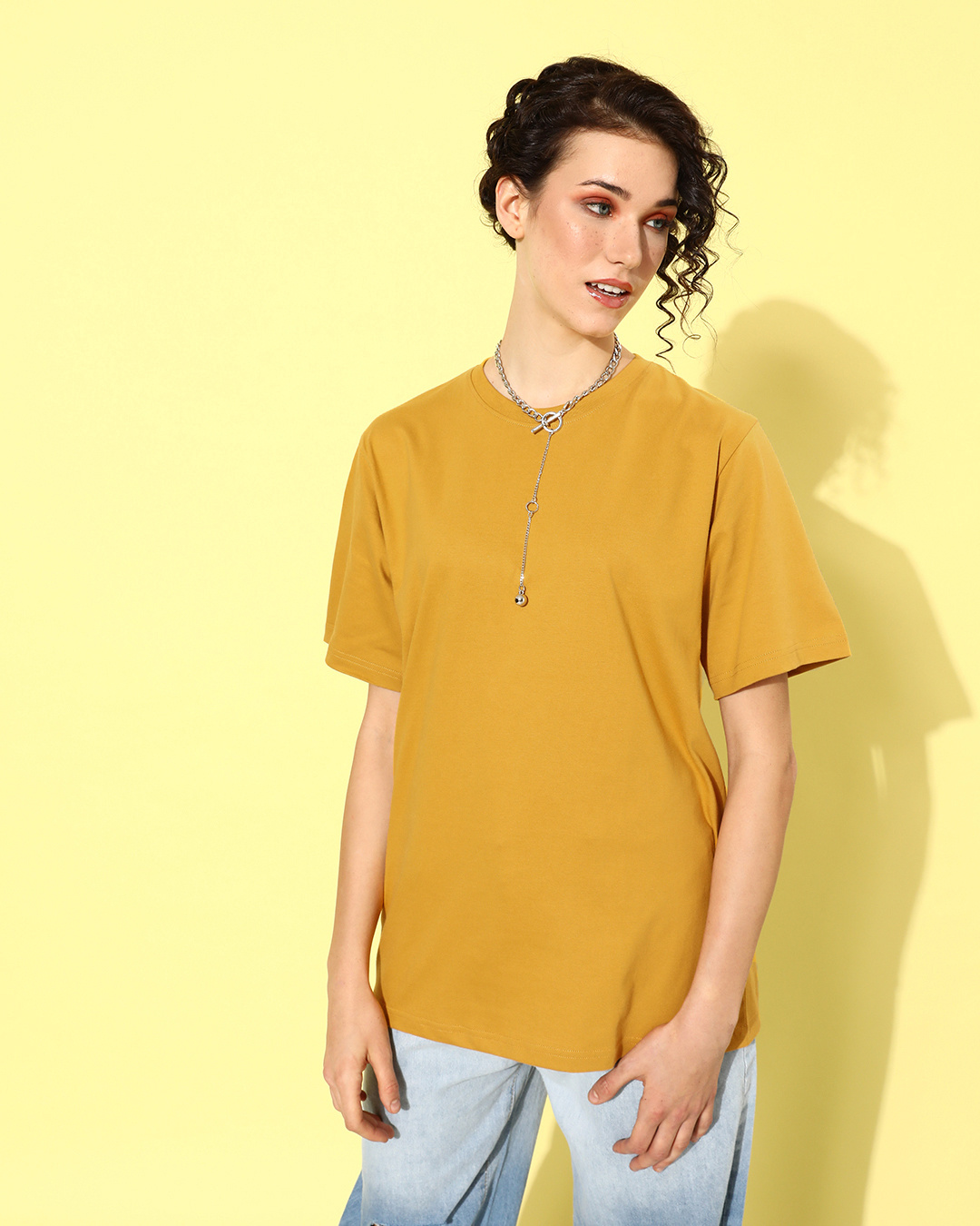 Shop Women's Yellow Graphic Printed Oversized T-shirt-Back