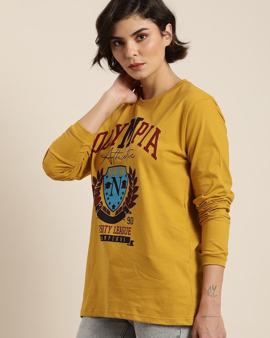 Shop Women's Yellow Graphic Printed Oversized T-shirt-Back