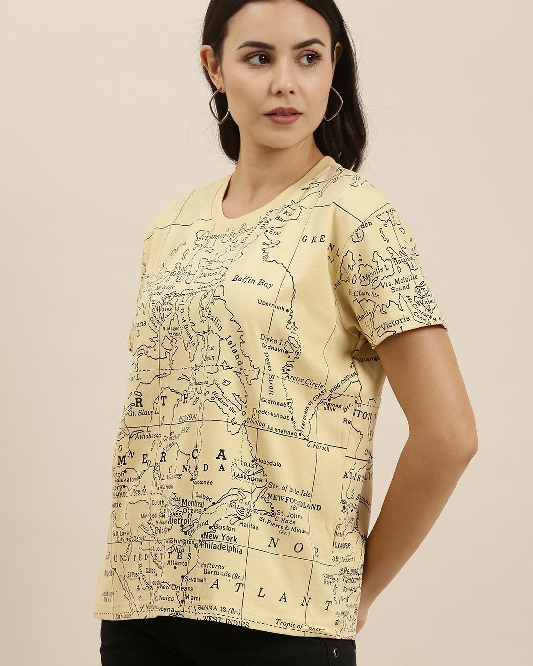 Shop Women's Yellow Map Printed Relaxed Fit T-shirt-Back