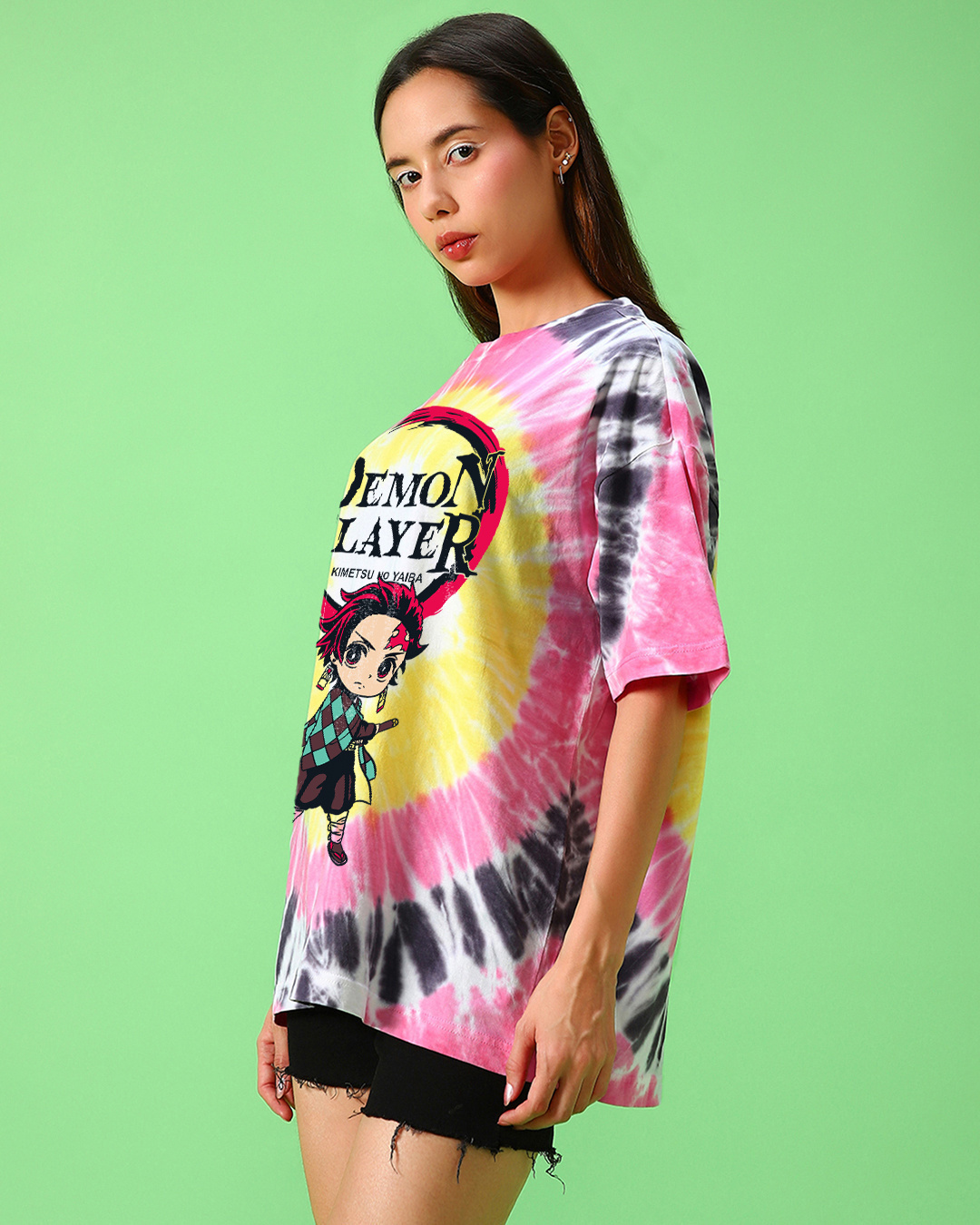 Shop Women's Yellow & Pink Kawaii Tanjiro Graphic Printed Oversized T-shirt-Back