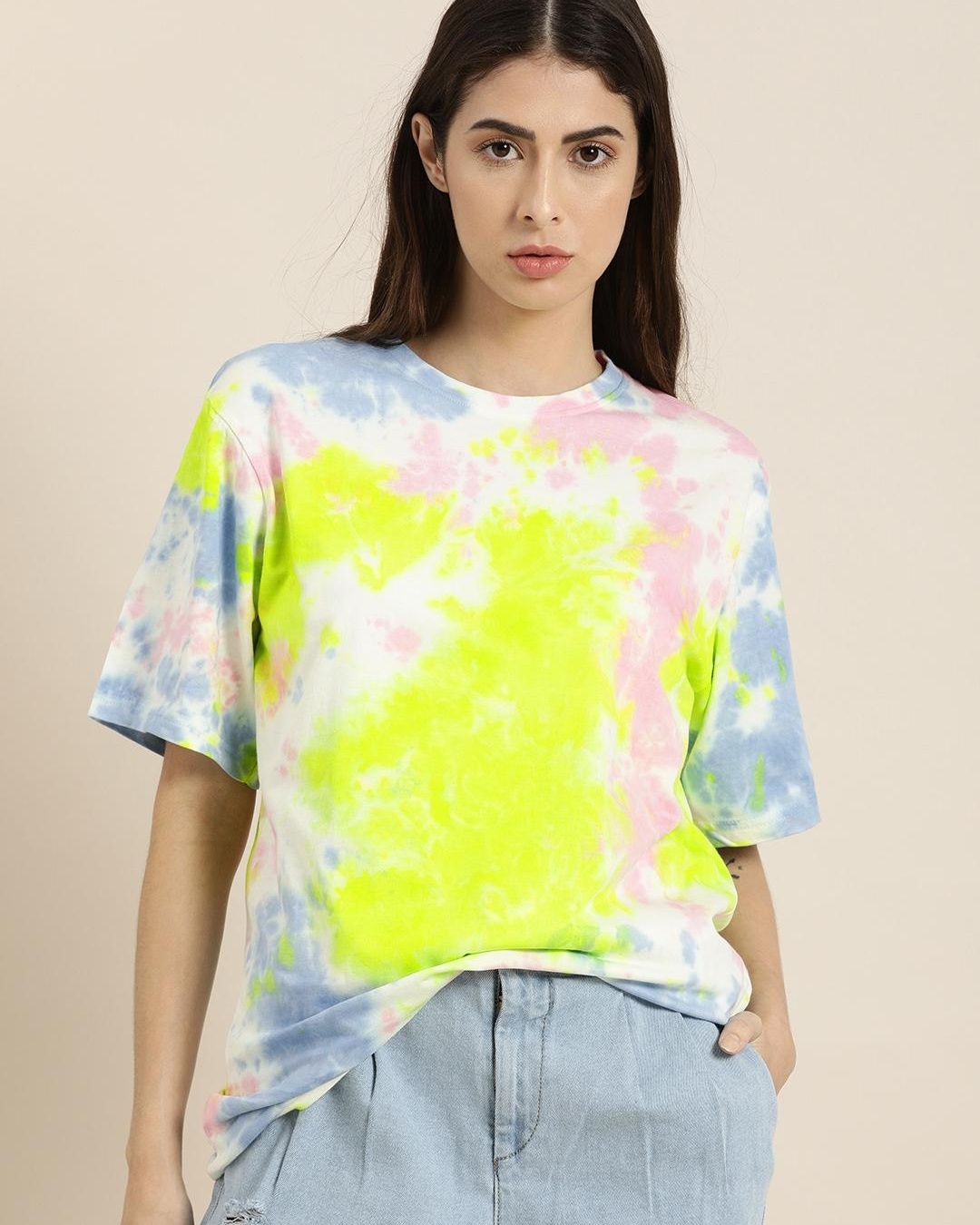 Shop Women's Yellow & Pink Tie & Dye Relaxed Fit T-shirt-Back