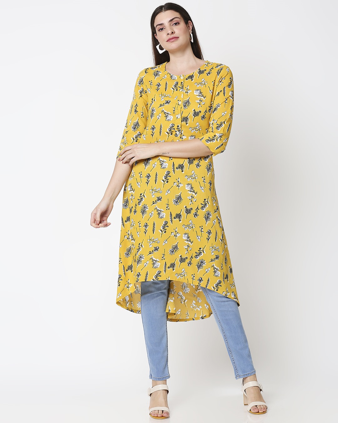Shop Women's Yellow Printed High Low Kurti-Back