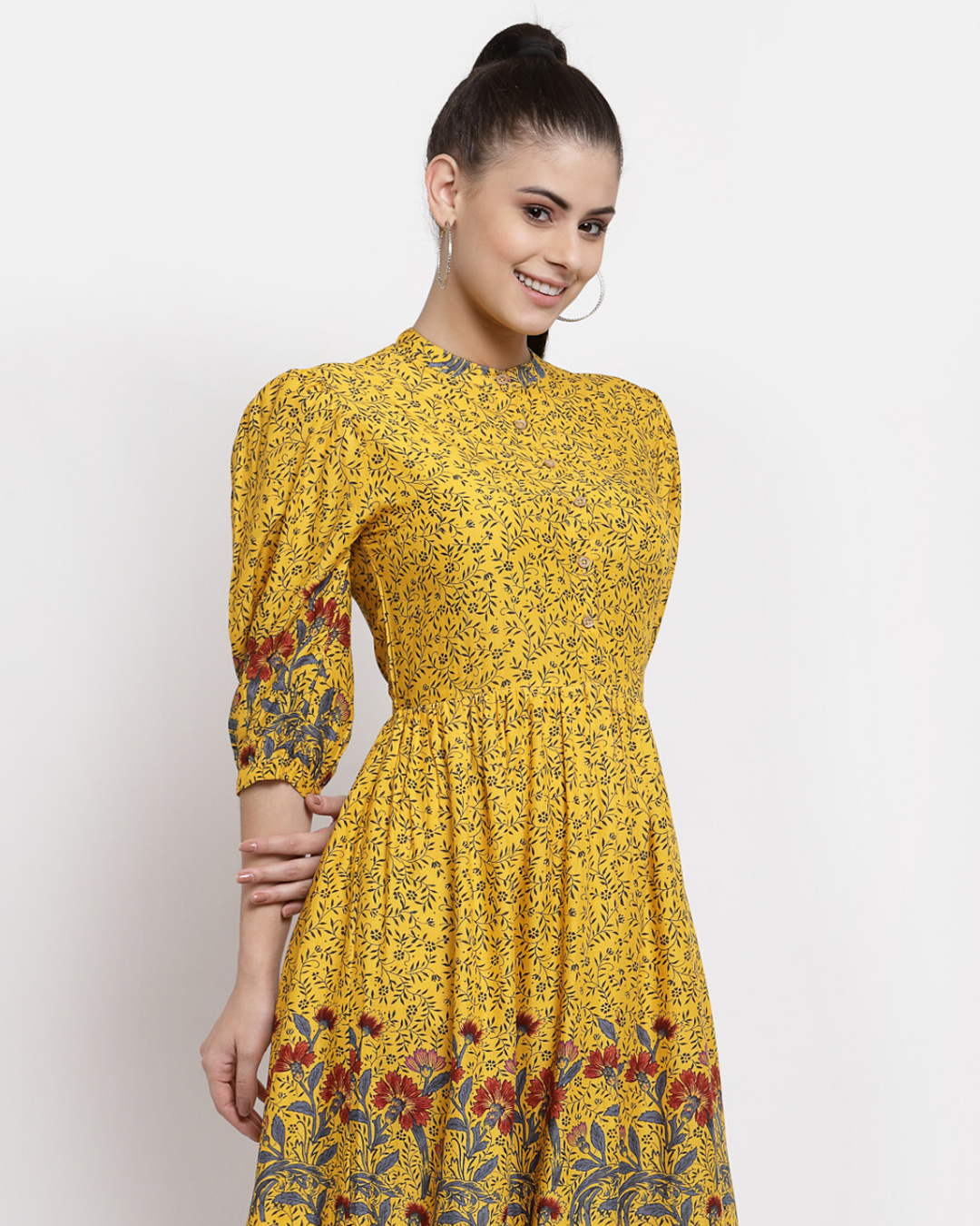 Shop Women's Yellow Printed Rayon Dress-Back
