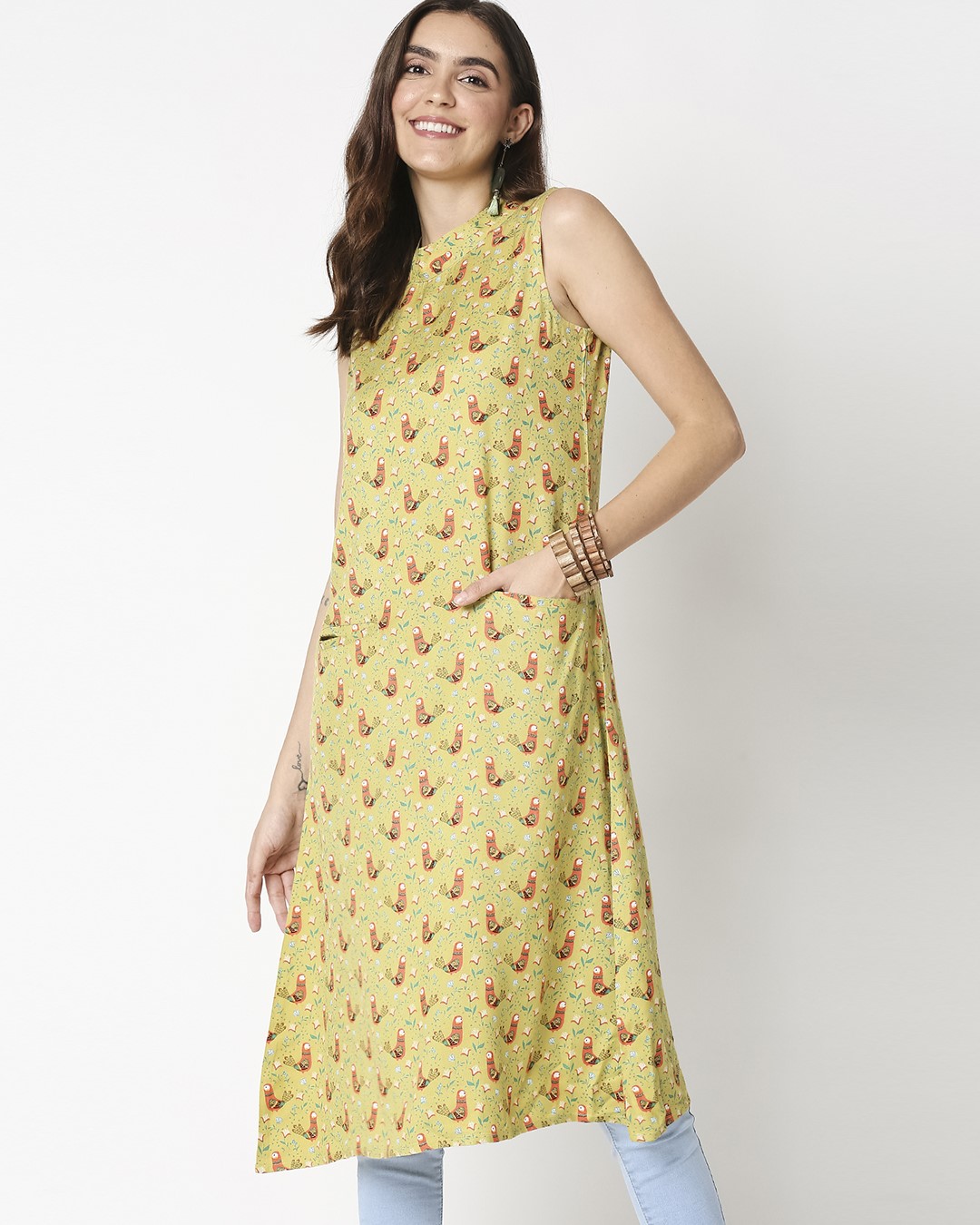 Shop Women's Yellow Printed Sleeveless Kurti Dress-Back