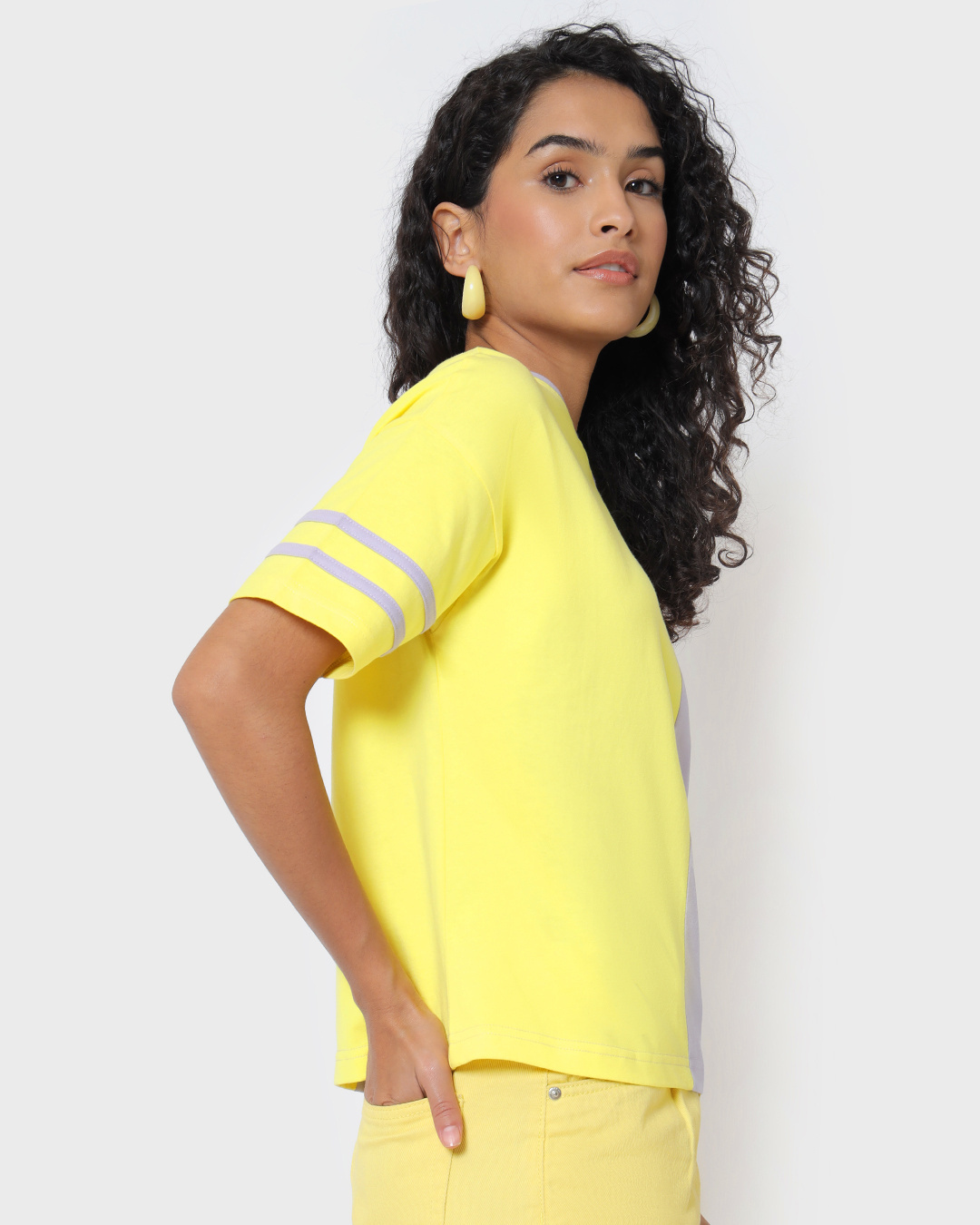 Shop Women's Yellow & Purple Color Block Relaxed Fit Short Top-Back