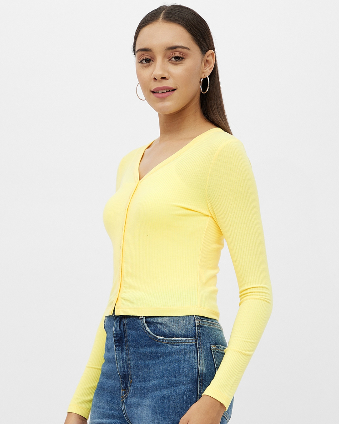 Shop Women's Yellow Rayon V-neck Long Sleeve Top-Back