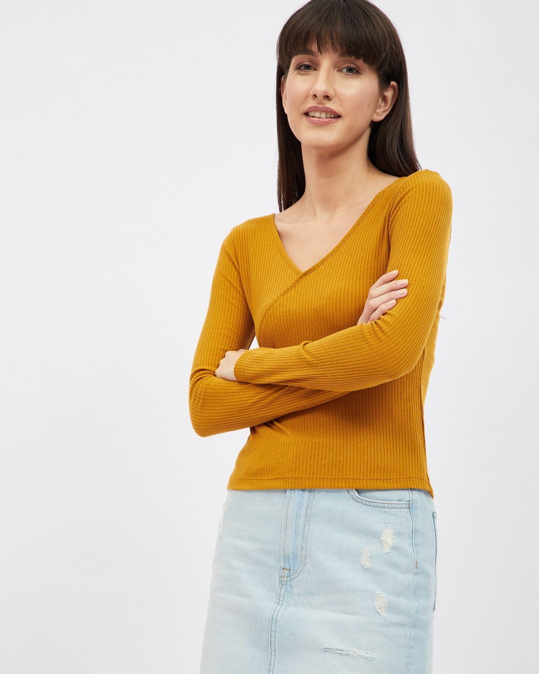 Shop Women's Yellow Ribbed Full Sleeve Top-Back