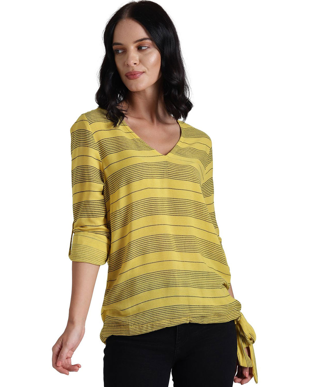 Shop Women's Yellow Striped Full Sleeve Top-Front