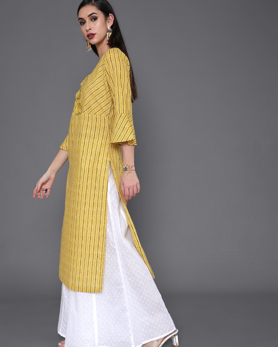 Shop Women's Yellow Striped Kurta-Back