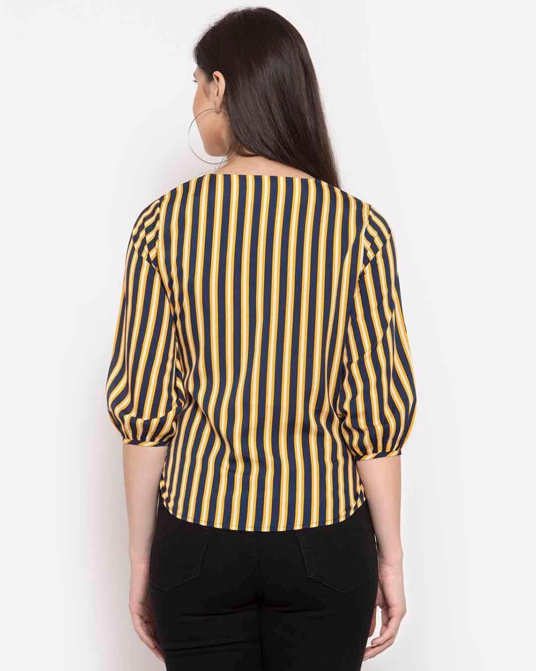 Shop Women's Yellow Striped Puff Sleeve Crepe Cinched Waist Top-Back
