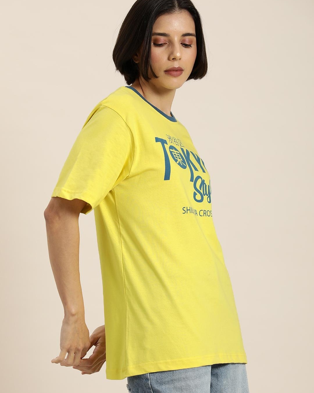 Shop Women's Yellow Tokyo Typography Oversized T-shirt-Back