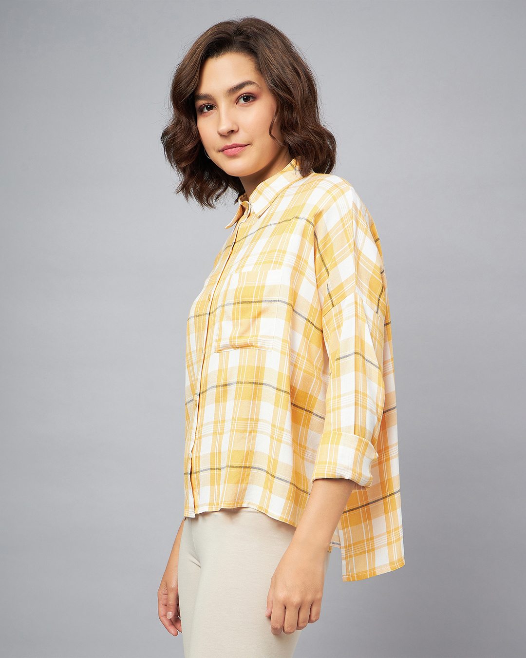 Shop Women's Yellow & White Checked Oversized Shirt-Back