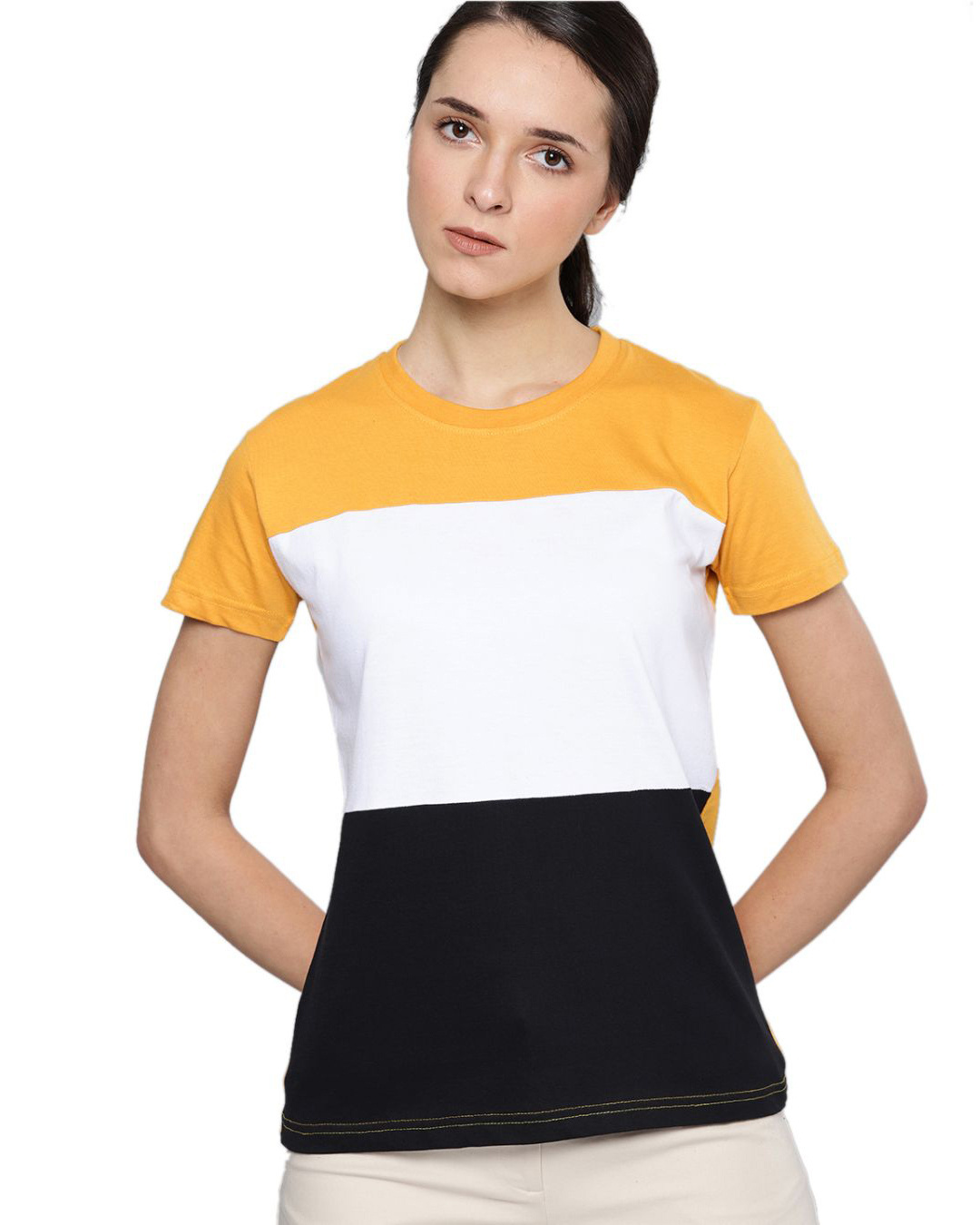 Shop Women's Yellow & White Colourblocked T-shirt-Front