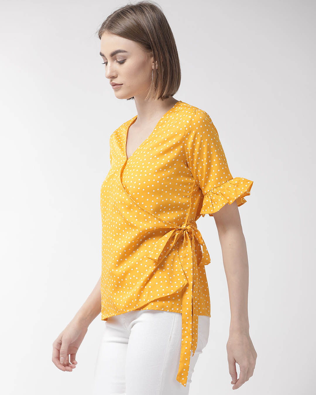 Shop Women's Yellow & White Polka Dot Printed Wrap Top-Back