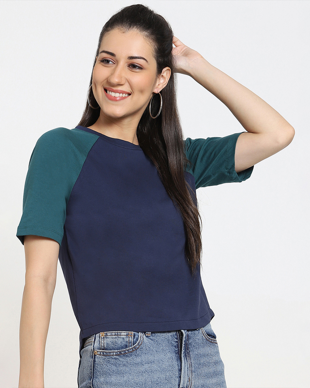 Shop Women'sBlue Half Sleeves Round Neck Contrast T-Shirt-Back
