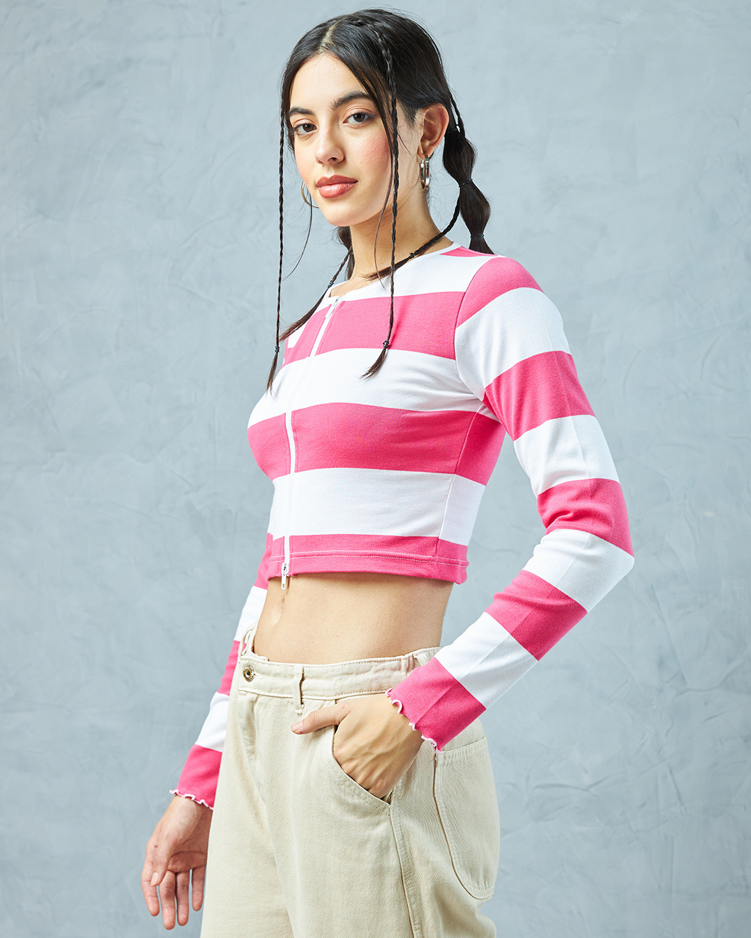 Shop Women's White & Pink Striped Slim Fit Short Top-Back