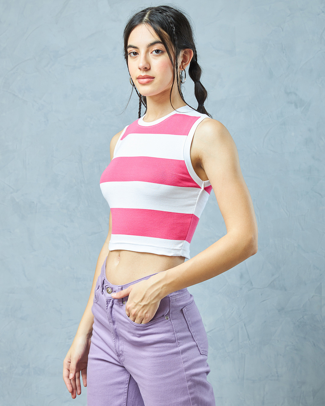 Shop Women's White & Pink Striped Slim Fit Short Top-Back
