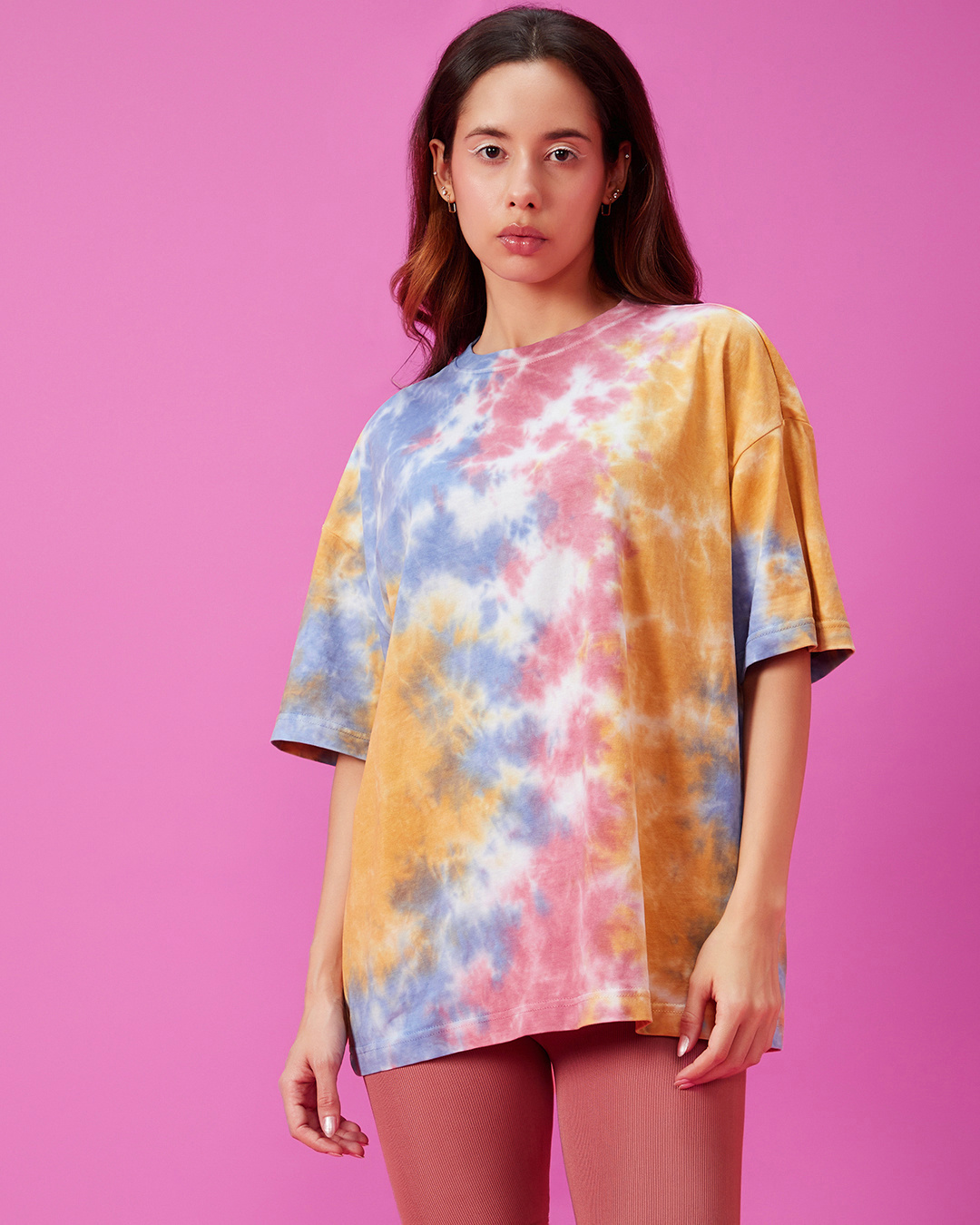 Buy Women's Blue & Pink Tie & Dye Oversized T-shirt Online at Bewakoof