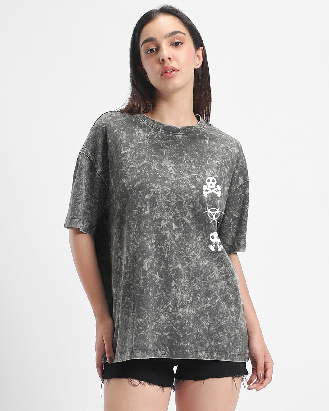 Shop Women's Grey Toxic Graphic Printed Oversized Acid Wash T-shirt-Back