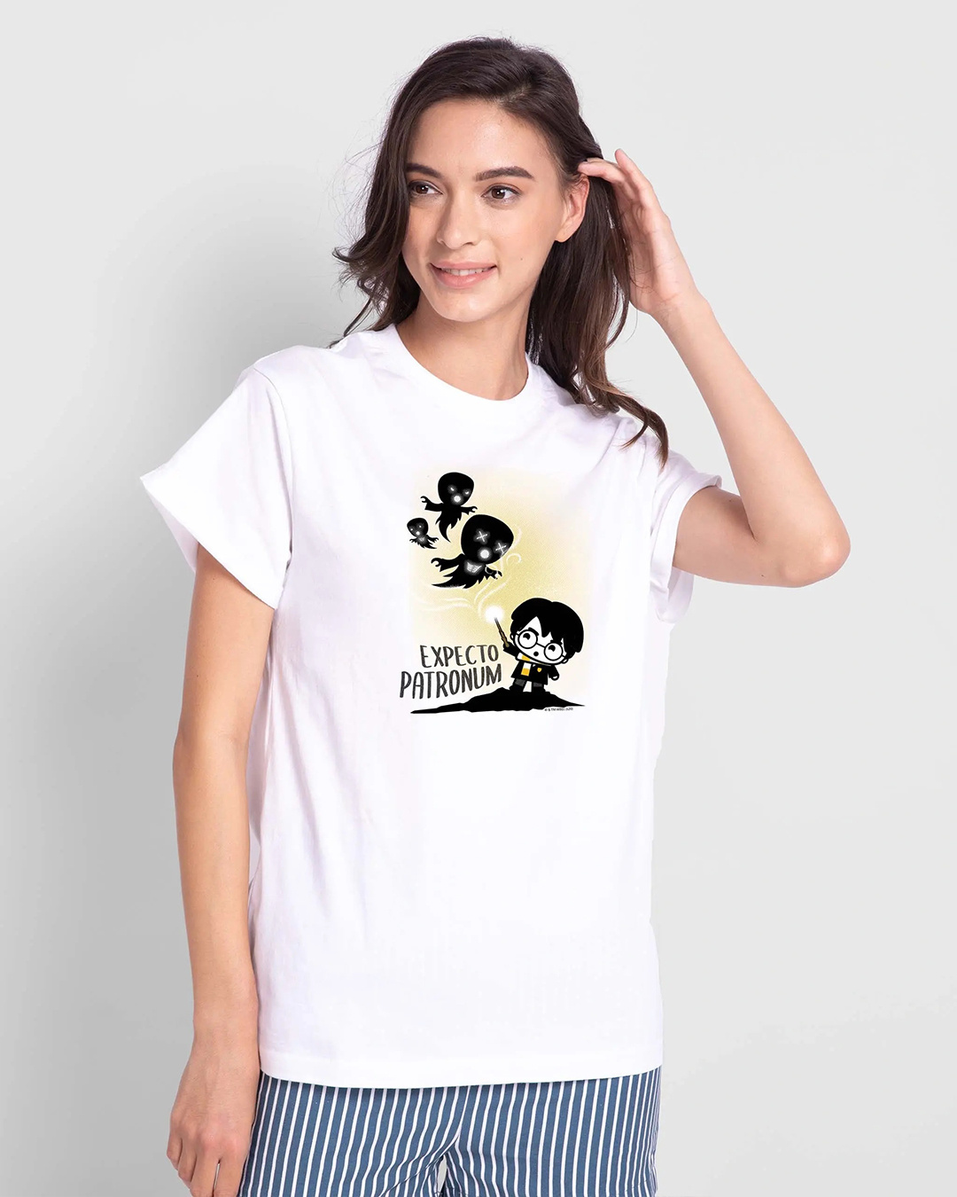 Buy Women's White Chibi Harry (HPL) Graphic Printed Boyfriend Tshirt