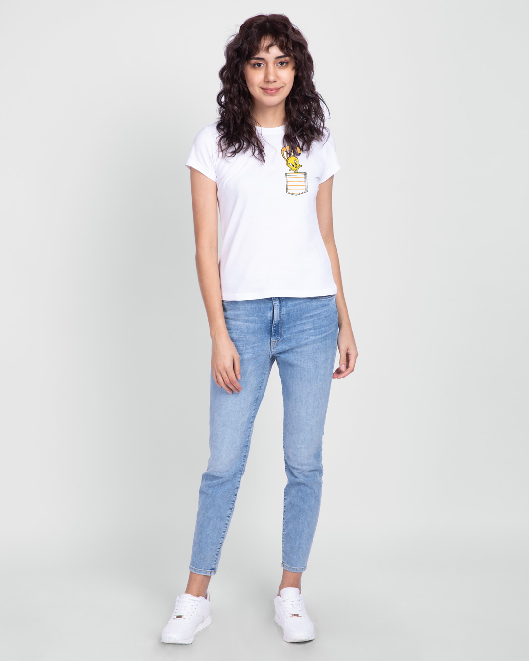 Shop Women's White Cute Tweety Pocket (LTL) Graphic Printed Slim Fit T-shirt-Back