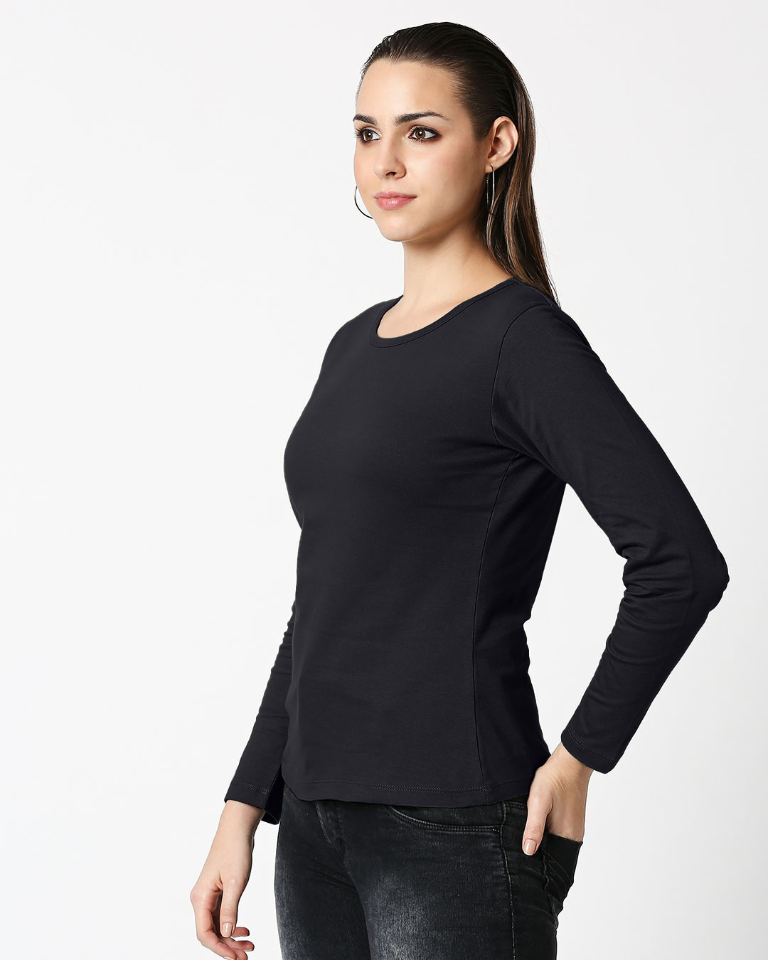 Shop Womens Plain Black Full Sleeves T-Shirt-Back
