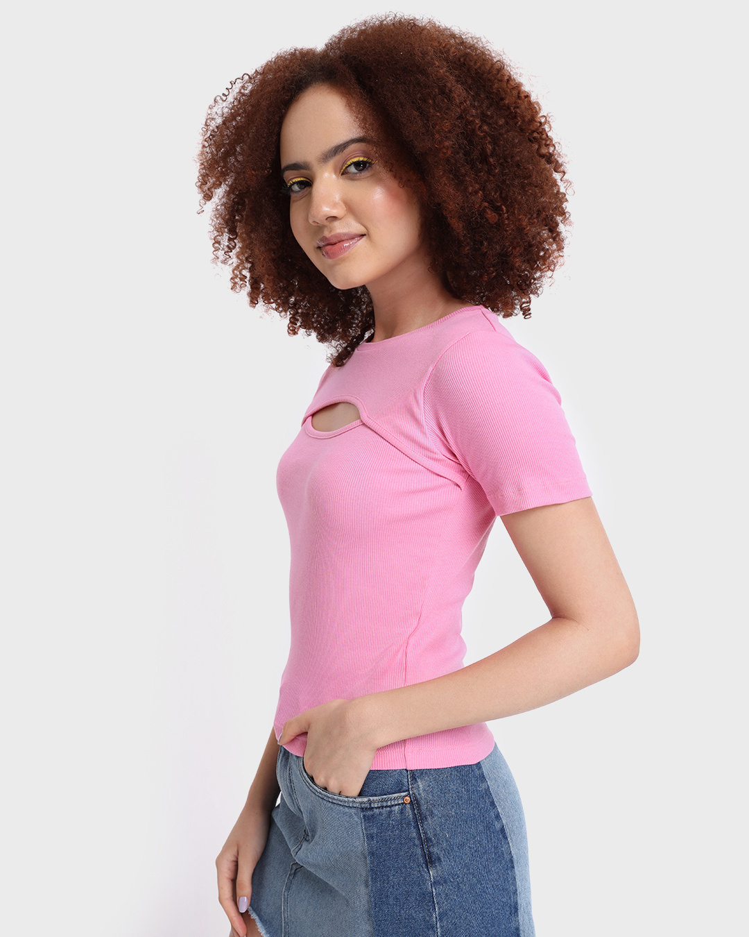 Shop Women's Pink Rib Cut Out Slim Fit Top-Back