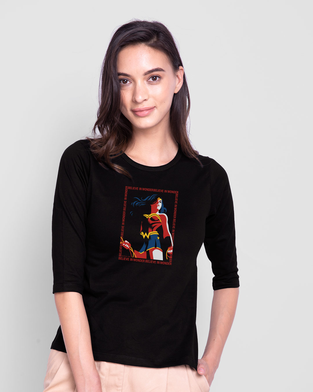 Shop Wonder Woman Frame Round Neck 3/4 Sleeve T-Shirt Black (DCL)-Back