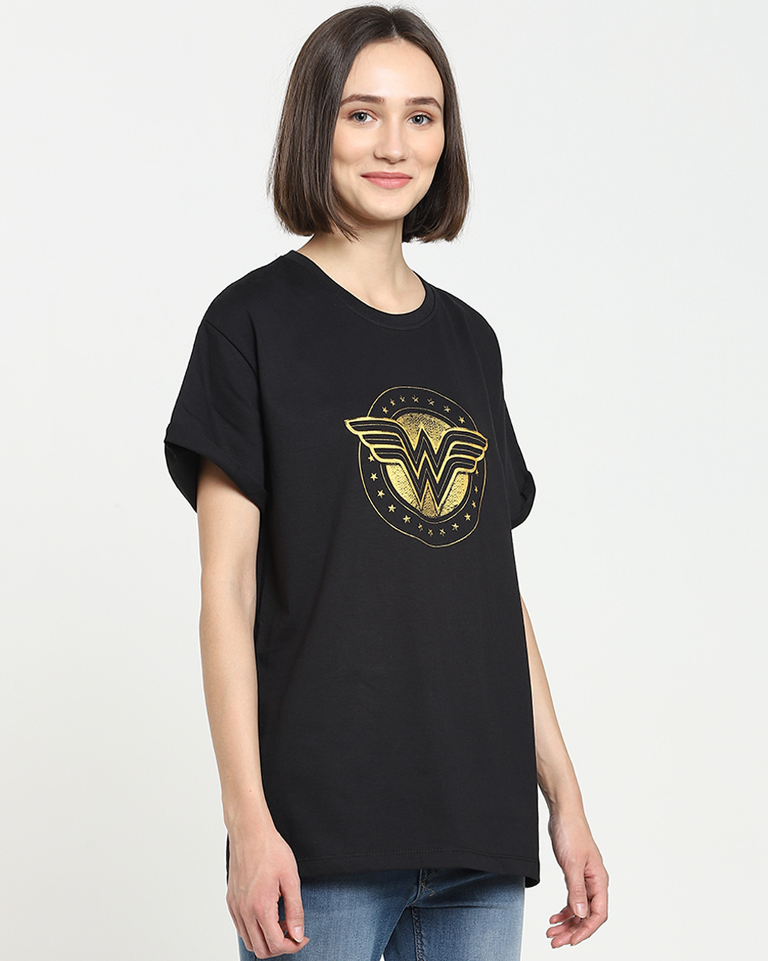 Shop Wonder Woman Gold Plated Logo Boyfriend T-Shirt Black (DCL)-Back