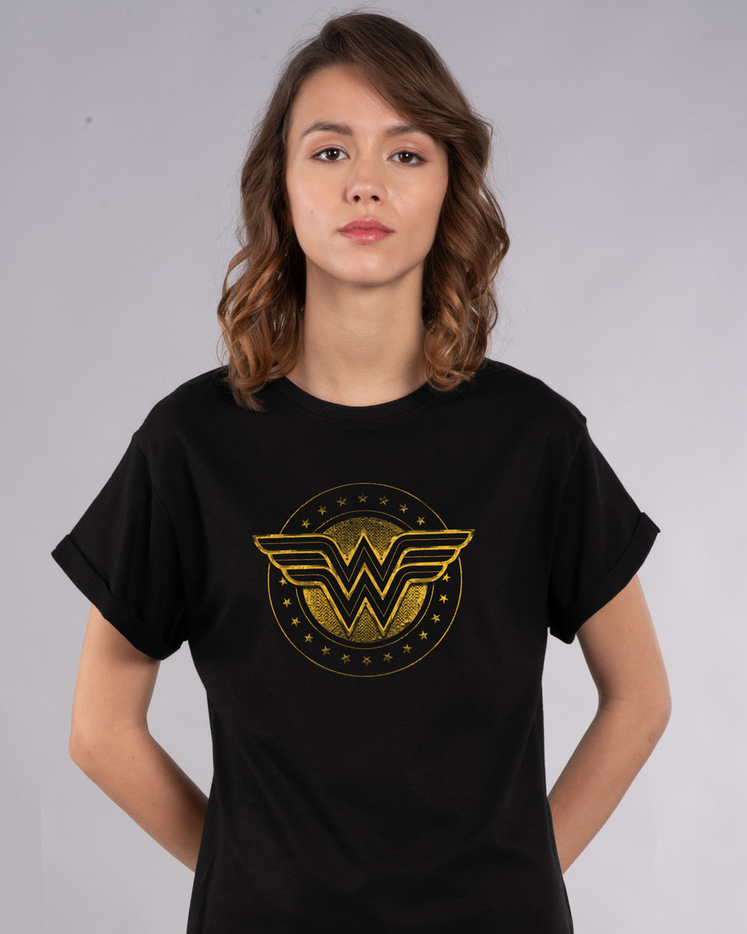 Wonder Woman Gold Plated Logo Boyfriend T-Shirt Black (DCL)
