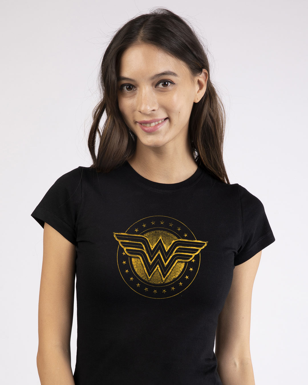 

Wonder Woman Gold Plated Logo Half Sleeve T-Shirt (DCL) Women' Half Sleeve Printed T-shirt Bewakoof.com, Black