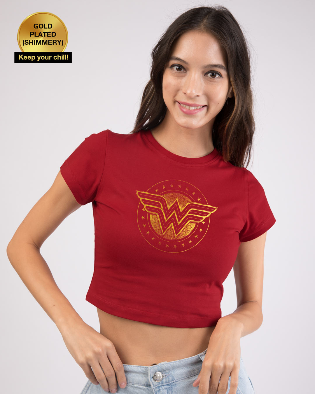 Buy Wonder Woman Gold Plated Logo Round Neck Crop Top T-Shirt (DCL) for ...
