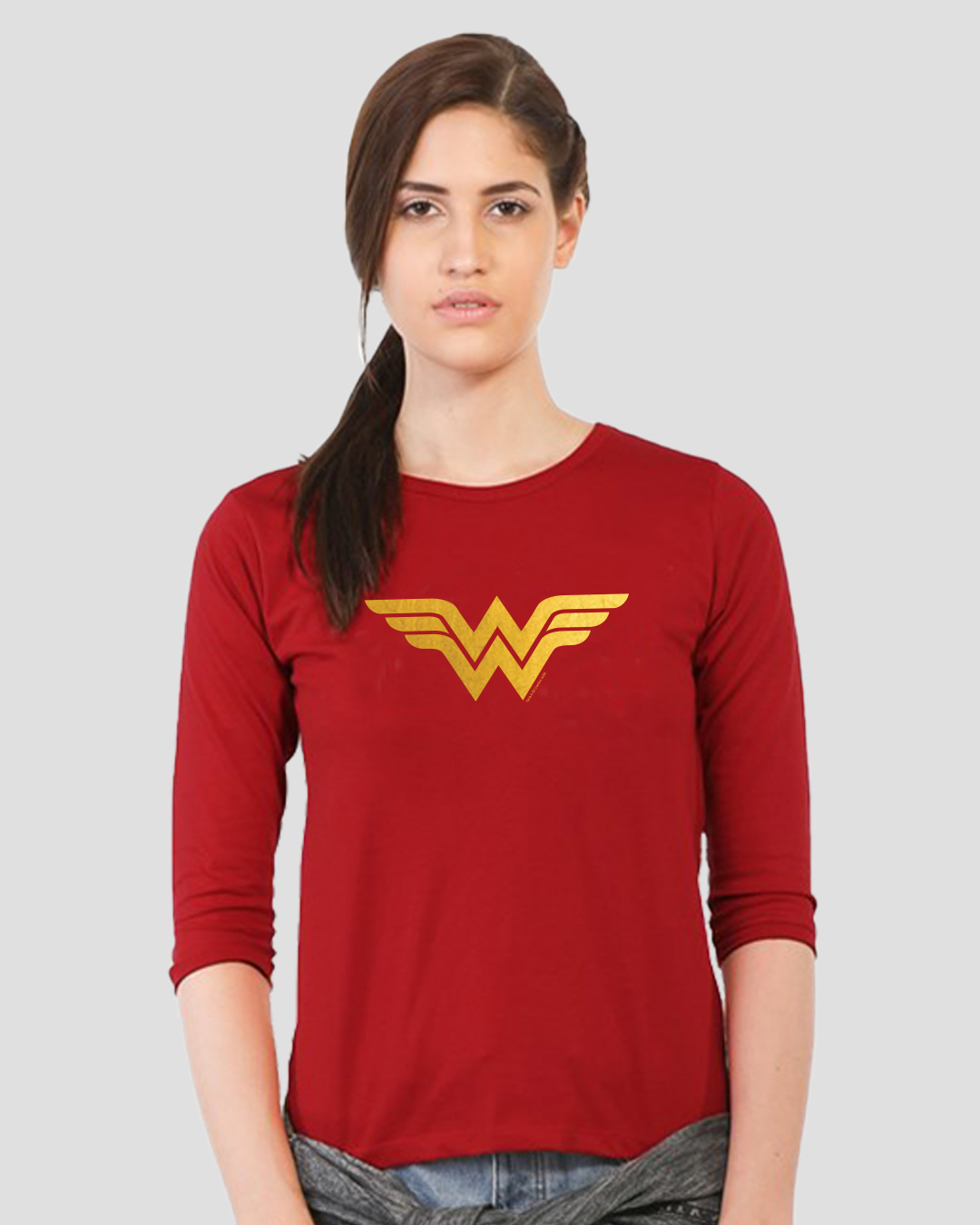 Shop Wonder Woman Gold Round Neck 3/4 Sleeve T-Shirt Bold Red (DCL)-Back