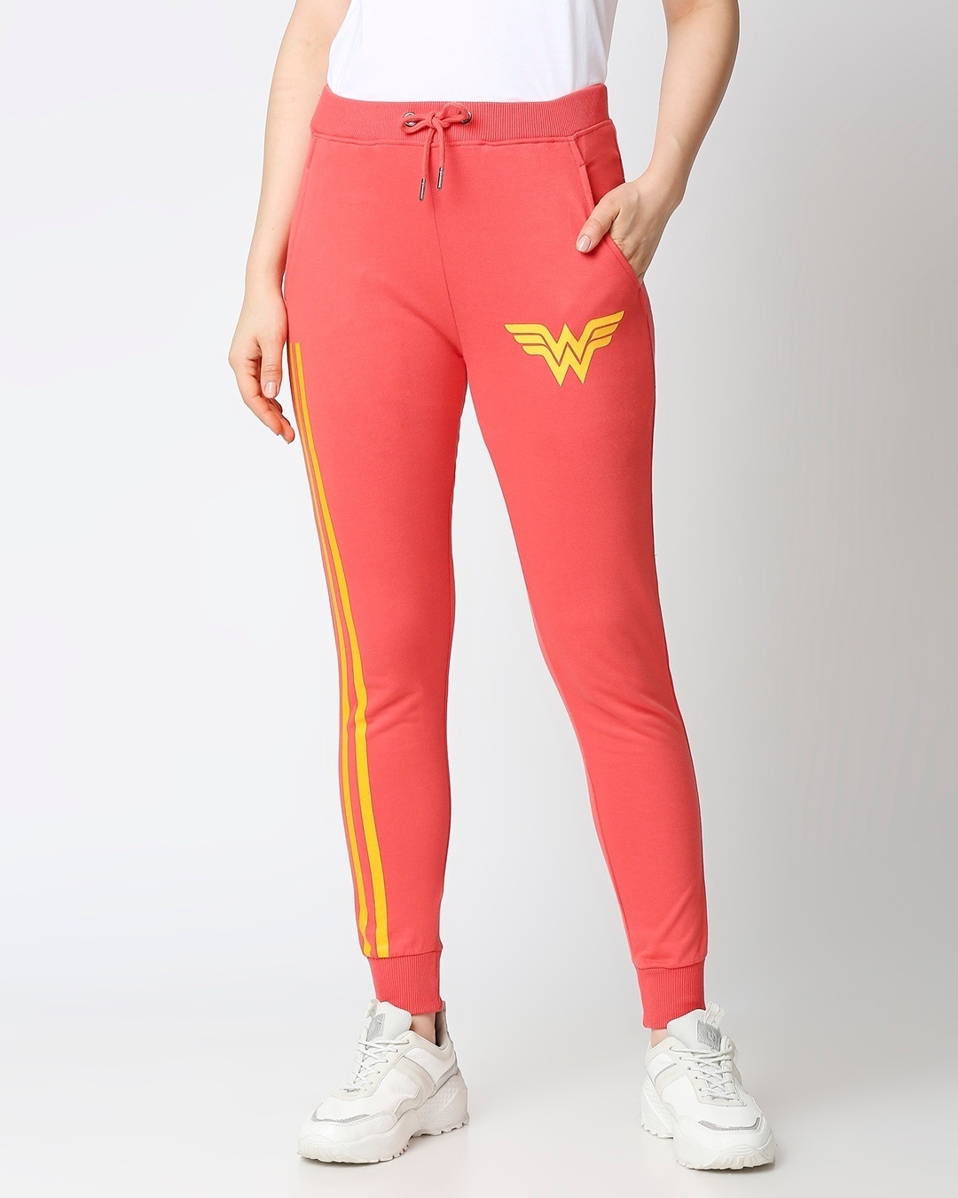 Buy Women s Pink Wonder Woman Hyper Print Slim Fit Joggers Online