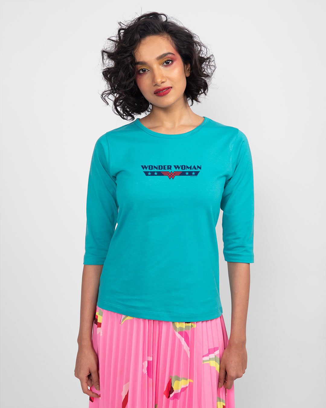 Shop WONDER WOMAN RETRO STRIPE Round Neck 3/4 Sleeve T-Shirt Tropical Blue (DCL)-Back